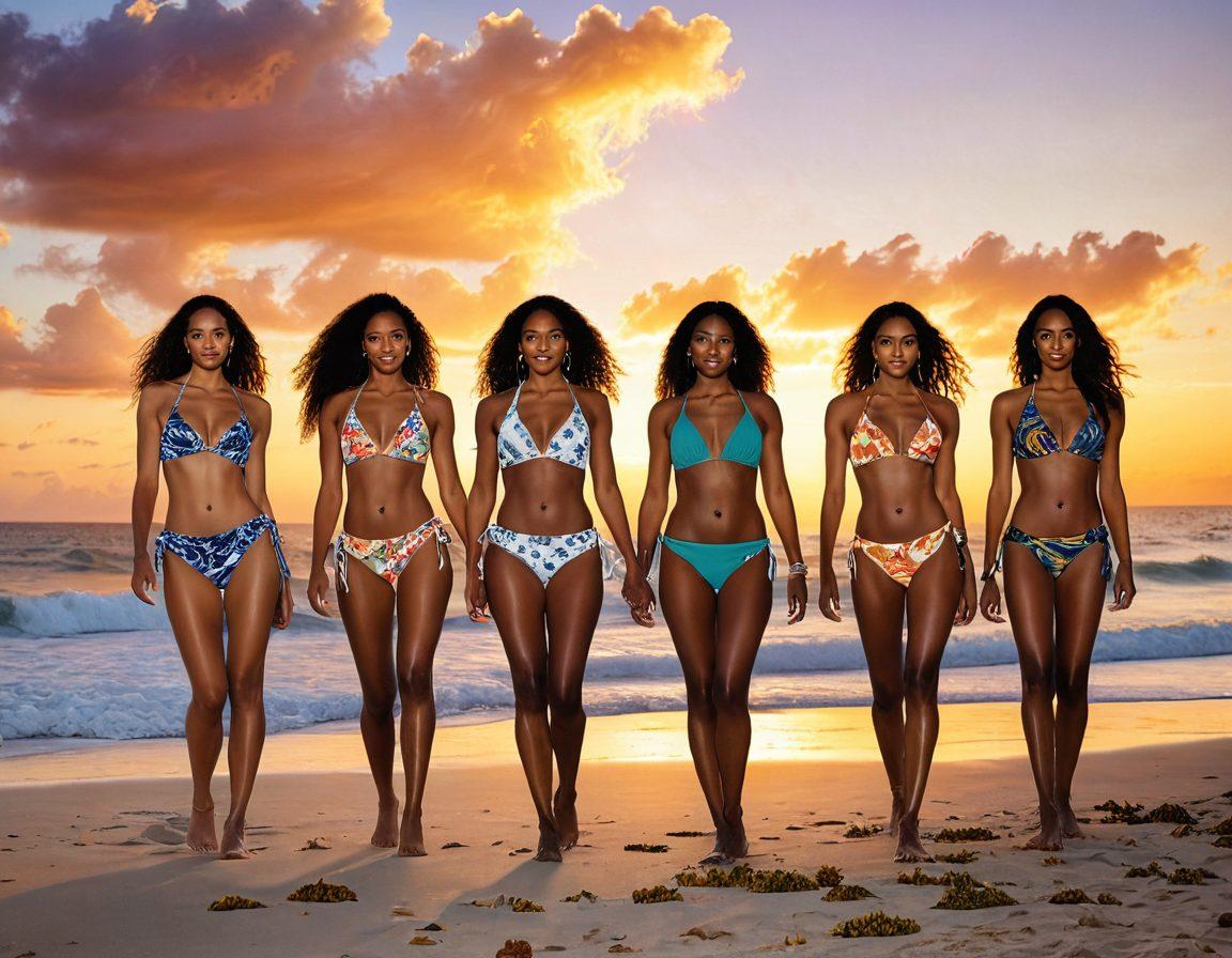 An alluring beach scene featuring a group of diverse models in stylish bikinis, posing gracefully under a vibrant sunset. Captivating waves crash softly in the background as the golden light highlights their radiant skin tones, showcasing beauty and confidence. The atmosphere is playful yet elegant, capturing the essence of hypnotic aesthetics and allure. Include elements such as tropical plants and seashells to enhance the beachy vibe. super-realistic. vibrant colors. warm tones.